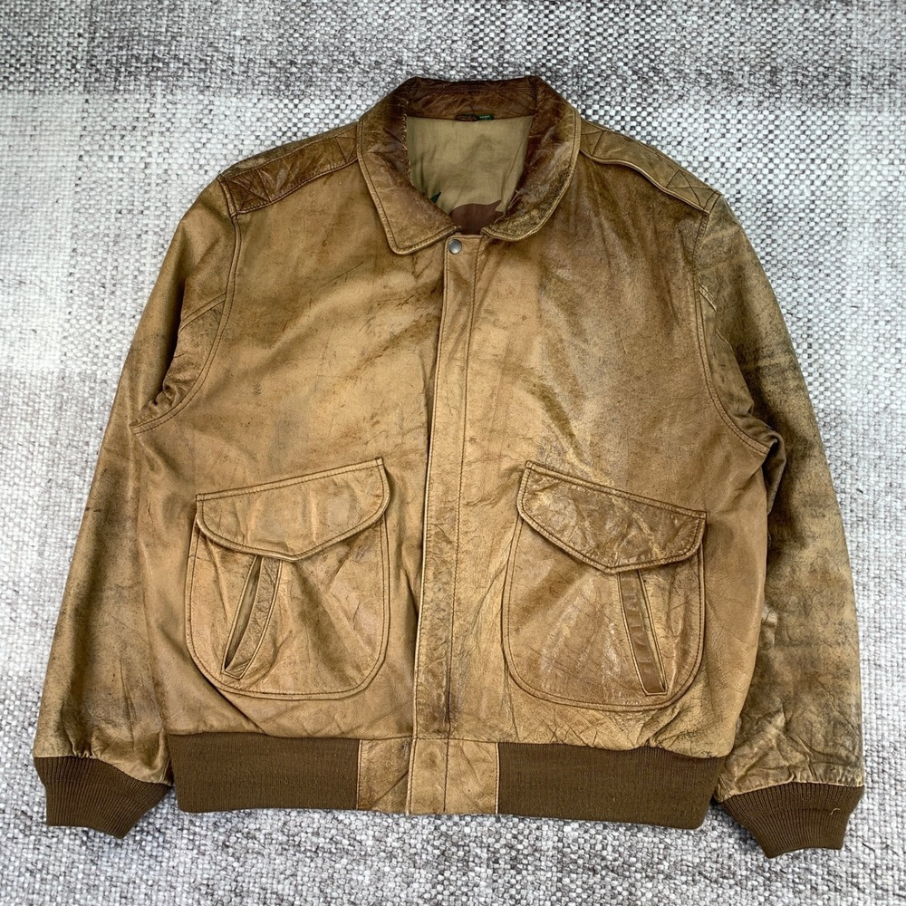 Hunt Club Vintage Leather Bomber Jacket Brown Distressed Flight Coat 48T